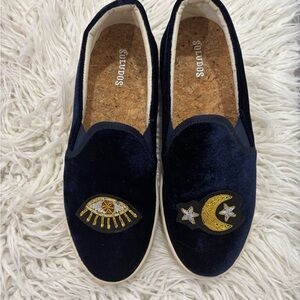 Soludos Dark Blue Velvet Slip-Ons with Gold Embroidery
